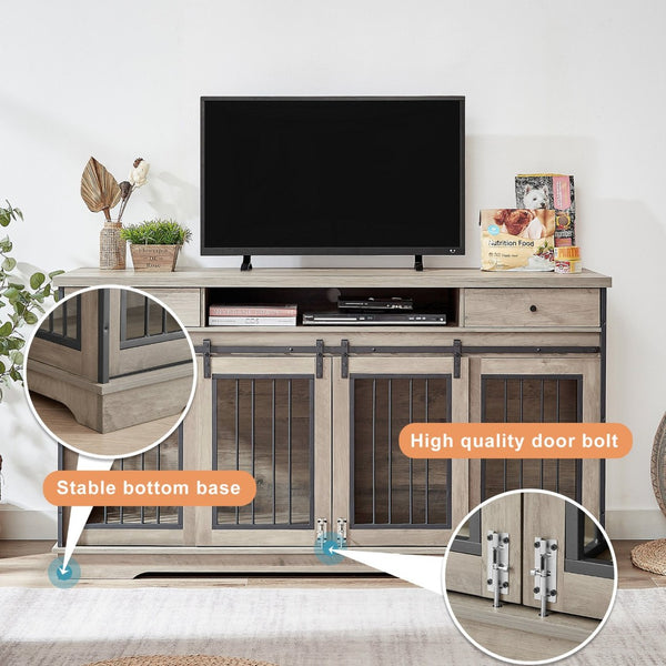 English Elm Super Wide Furniture Grade Dog Crate Tv Stand with Drawers for Two Pets W1162122208