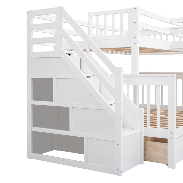 English Elm Twin-twin Over Full L-shaped Bunk Bed with Wardrobe Desk and Stair Storage Espresso White LT100542AAK-1