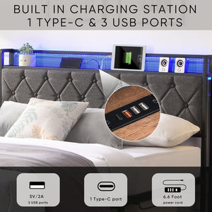 English Elm Queen Upholstered Platform Bed with LED RGB Headboard, USB Type-C Charging Shelf, Noise-Free Design W1916124804
