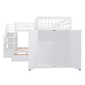 English Elm Twin-twin Over Full L-shaped Bunk Bed with Wardrobe Desk and Stair Storage Espresso White LT100542AAK