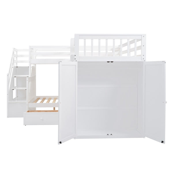 English Elm Twin-twin Over Full L-shaped Bunk Bed with Wardrobe Desk and Stair Storage Espresso White LT100542AAK