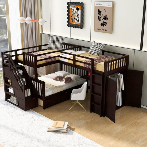 English Elm Twin-twin Over Full L-shaped Bunk Bed with Wardrobe Desk and Stair Storage Espresso LT100542AAP-1