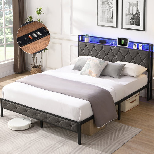 English Elm Queen Upholstered Platform Bed with LED RGB Headboard, USB Type-C Charging Shelf, Noise-Free Design W1916124804