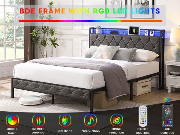 English Elm Queen Upholstered Platform Bed with LED RGB Headboard, USB Type-C Charging Shelf, Noise-Free Design W1916124804