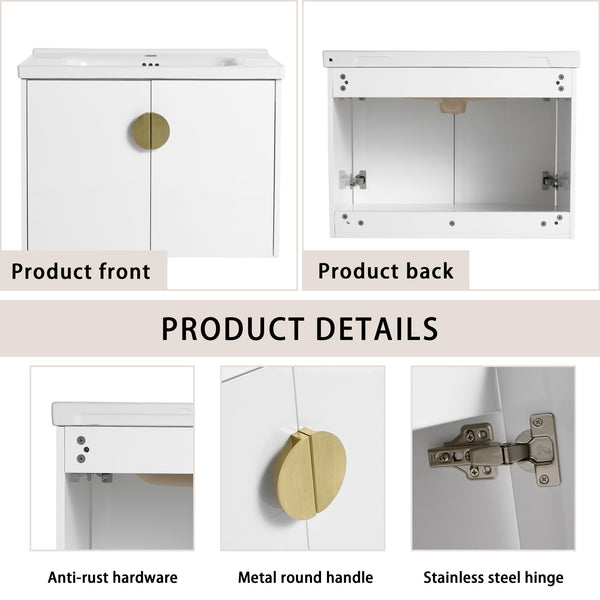 English Elm 28 Inch Wall-Mounted Bathroom Vanity with Ceramic Sink, Soft-Close Doors, Dual Handles, Water-Resistent Finish W999132143