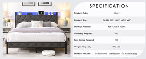 English Elm Queen Upholstered Platform Bed with LED RGB Headboard, USB Type-C Charging Shelf, Noise-Free Design W1916124804