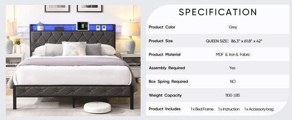 English Elm Queen Upholstered Platform Bed with LED RGB Headboard, USB Type-C Charging Shelf, Noise-Free Design W1916124804