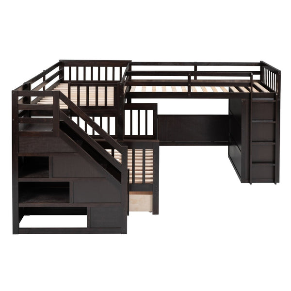 English Elm Twin-twin Over Full L-shaped Bunk Bed with Wardrobe Desk and Stair Storage Espresso LT100542AAP-1