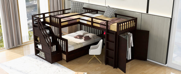 English Elm Twin-twin Over Full L-shaped Bunk Bed with Wardrobe Desk and Stair Storage Espresso LT100542AAP-1