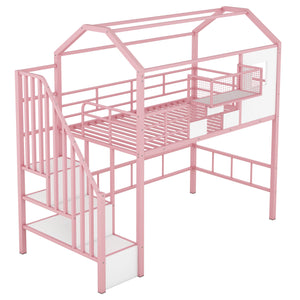 English Elm Metal Loft Bed with Roof Design and Storage Box for Twin Rooms, Space-Saving Study Nook and Ladder Pink GX000633AAH
