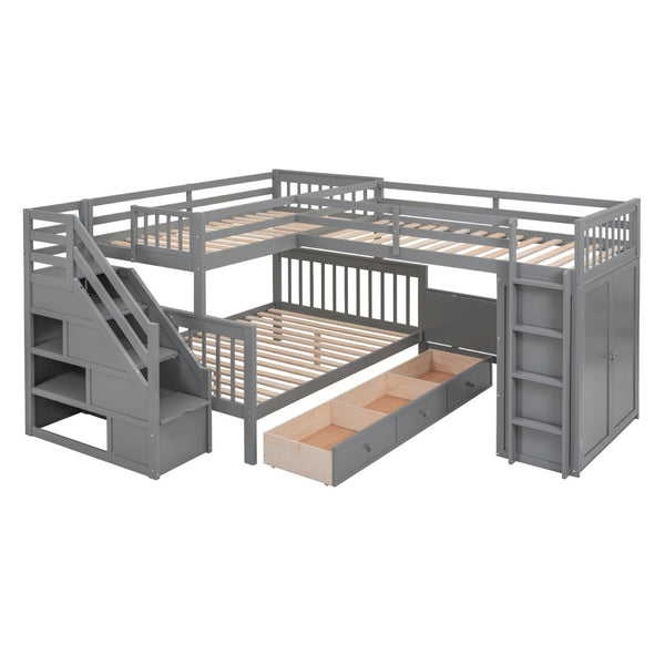 English Elm Twin-twin Over Full L-shaped Bunk Bed with Wardrobe Desk and Stair Storage Espresso Gray LT100542AAE