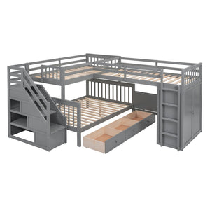English Elm Twin-twin Over Full L-shaped Bunk Bed with Wardrobe Desk and Stair Storage Espresso Gray LT100542AAE-1