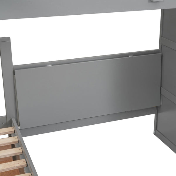 English Elm Twin-twin Over Full L-shaped Bunk Bed with Wardrobe Desk and Stair Storage Espresso Gray LT100542AAE