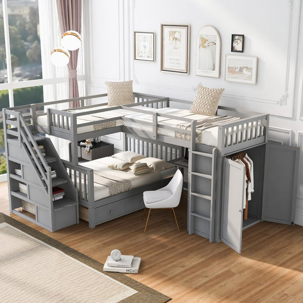 English Elm Twin-twin Over Full L-shaped Bunk Bed with Wardrobe Desk and Stair Storage Espresso Gray LT100542AAE-1