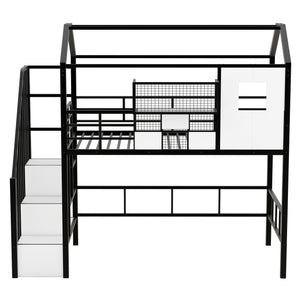 English Elm Metal Loft Bed with Roof Design and Storage Box for Twin Rooms, Space-Saving Study Nook and Ladder Black GX000633AAB