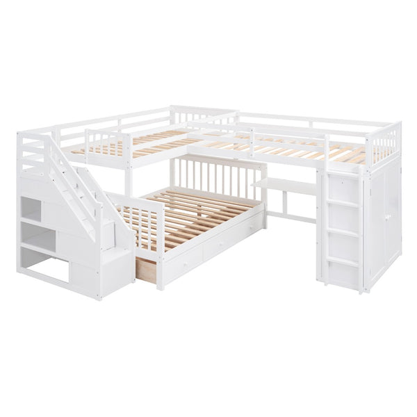 English Elm Twin-twin Over Full L-shaped Bunk Bed with Wardrobe Desk and Stair Storage Espresso White LT100542AAK