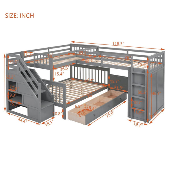 English Elm Twin-twin Over Full L-shaped Bunk Bed with Wardrobe Desk and Stair Storage Espresso Gray LT100542AAE