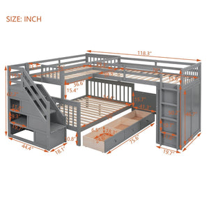 English Elm Twin-twin Over Full L-shaped Bunk Bed with Wardrobe Desk and Stair Storage Espresso Gray LT100542AAE-1
