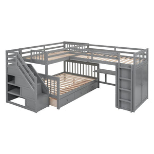 English Elm Twin-twin Over Full L-shaped Bunk Bed with Wardrobe Desk and Stair Storage Espresso Gray LT100542AAE-1