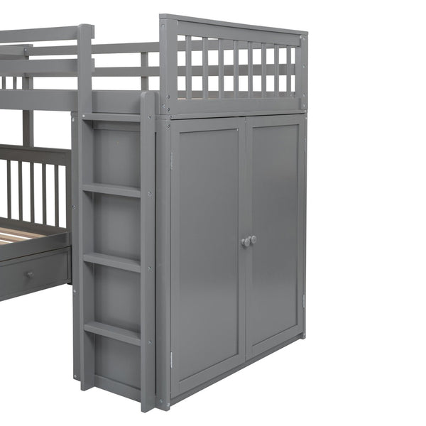 English Elm Twin-twin Over Full L-shaped Bunk Bed with Wardrobe Desk and Stair Storage Espresso Gray LT100542AAE