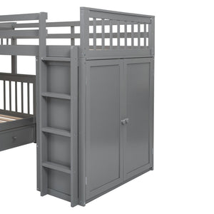English Elm Twin-twin Over Full L-shaped Bunk Bed with Wardrobe Desk and Stair Storage Espresso Gray LT100542AAE-1