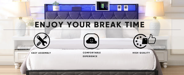 English Elm Queen Upholstered Platform Bed with LED RGB Headboard, USB Type-C Charging Shelf, Noise-Free Design W1916124804