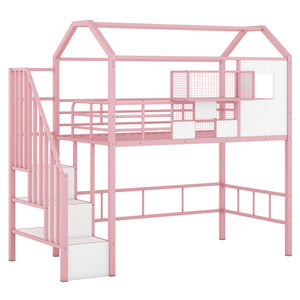 English Elm Metal Loft Bed with Roof Design and Storage Box for Twin Rooms, Space-Saving Study Nook and Ladder Pink GX000633AAH