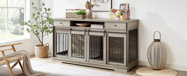English Elm Super Wide Furniture Grade Dog Crate Tv Stand with Drawers for Two Pets W1162122208