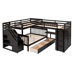 English Elm Twin-twin Over Full L-shaped Bunk Bed with Wardrobe Desk and Stair Storage Espresso LT100542AAP-1