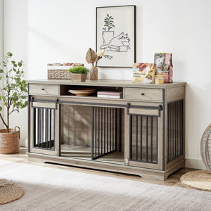 English Elm Super Wide Furniture Grade Dog Crate Tv Stand with Drawers for Two Pets W1162122208