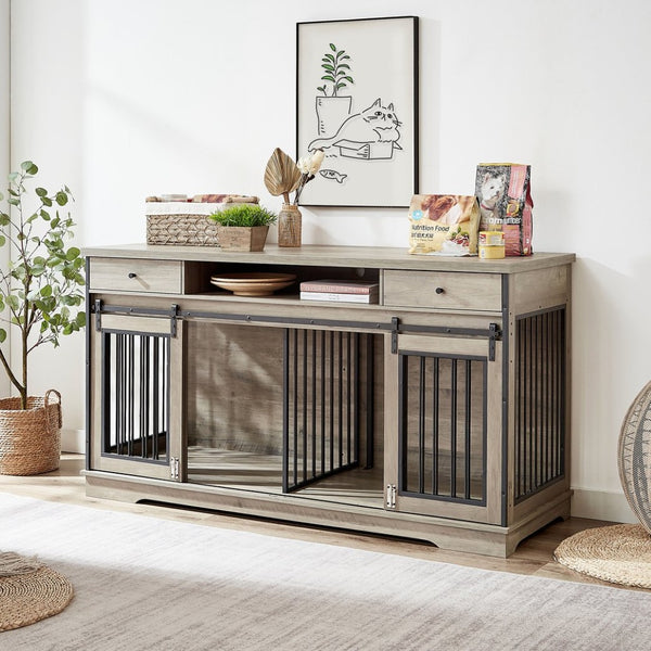 English Elm Super Wide Furniture Grade Dog Crate Tv Stand with Drawers for Two Pets W1162122208