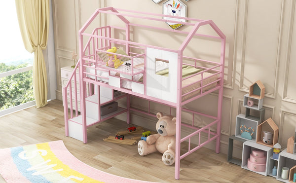 English Elm Metal Loft Bed with Roof Design and Storage Box for Twin Rooms, Space-Saving Study Nook and Ladder Pink GX000633AAH