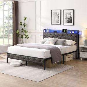 English Elm Full Upholstered Bed Frame with LED Headboard, USB-C Charging Shelf, Metal Slats, Quiet Support W1916124801