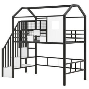 English Elm Metal Loft Bed with Roof Design and Storage Box for Twin Rooms, Space-Saving Study Nook and Ladder Black GX000633AAB