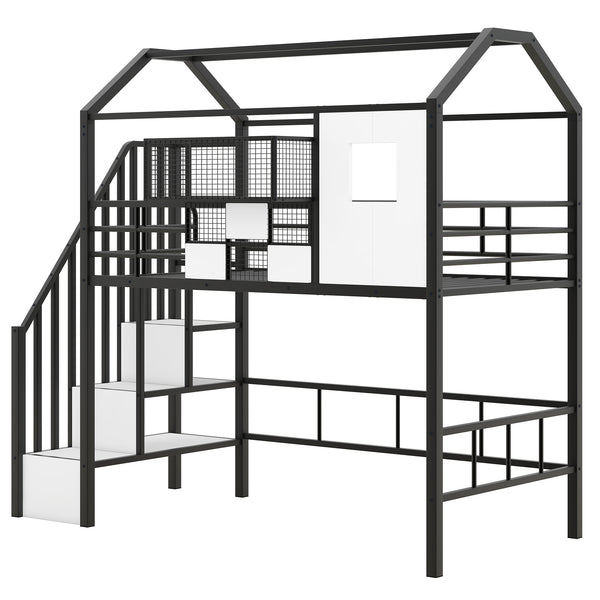 English Elm Metal Loft Bed with Roof Design and Storage Box for Twin Rooms, Space-Saving Study Nook and Ladder Black GX000633AAB