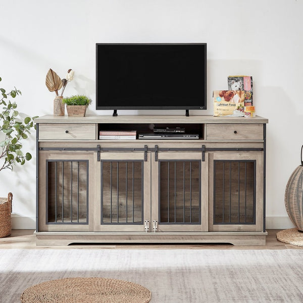 English Elm Super Wide Furniture Grade Dog Crate Tv Stand with Drawers for Two Pets W1162122208