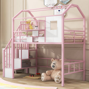English Elm Metal Loft Bed with Roof Design and Storage Box for Twin Rooms, Space-Saving Study Nook and Ladder Pink GX000633AAH