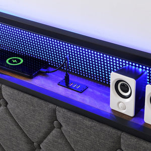 English Elm Full Upholstered Bed Frame with LED Headboard, USB-C Charging Shelf, Metal Slats, Quiet Support W1916124801