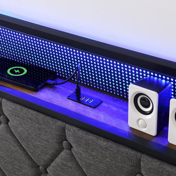 English Elm Full Upholstered Bed Frame with LED Headboard, USB-C Charging Shelf, Metal Slats, Quiet Support W1916124801