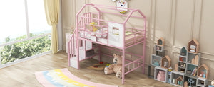 English Elm Metal Loft Bed with Roof Design and Storage Box for Twin Rooms, Space-Saving Study Nook and Ladder Pink GX000633AAH