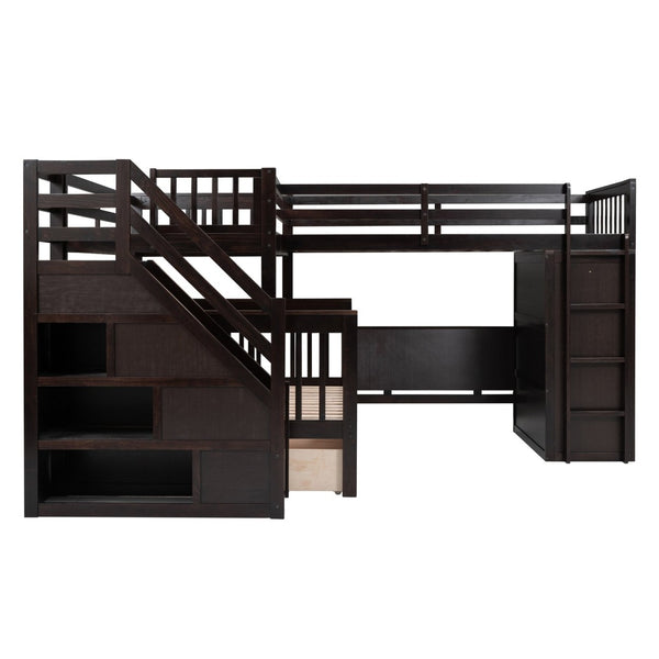 English Elm Twin-twin Over Full L-shaped Bunk Bed with Wardrobe Desk and Stair Storage Espresso LT100542AAP-1