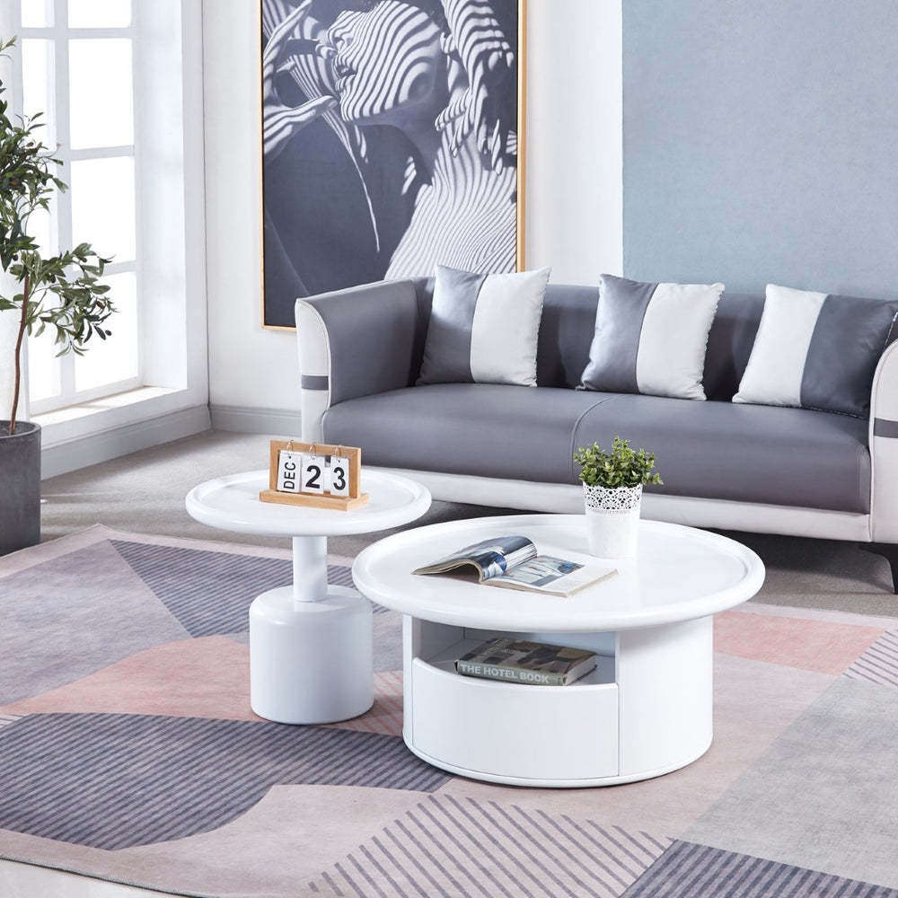 English Elm 2 Piece Matte White Mdf Round Nesting Coffee Table Set for Modern Living Rooms W1241S00208
