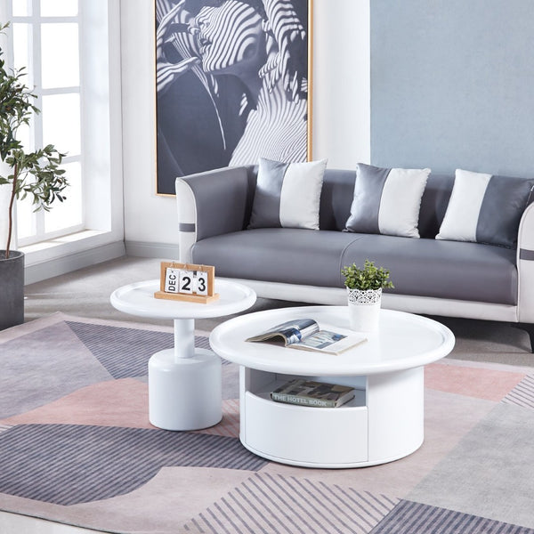 English Elm 2 Piece Matte White Mdf Round Nesting Coffee Table Set for Modern Living Rooms W1241S00208