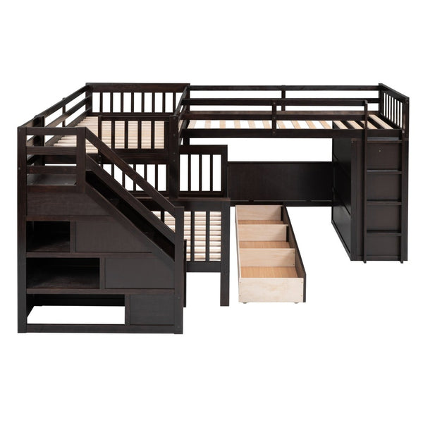 English Elm Twin-twin Over Full L-shaped Bunk Bed with Wardrobe Desk and Stair Storage Espresso LT100542AAP-1