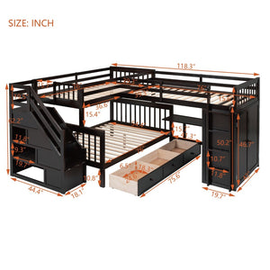 English Elm Twin-twin Over Full L-shaped Bunk Bed with Wardrobe Desk and Stair Storage Espresso LT100542AAP-1