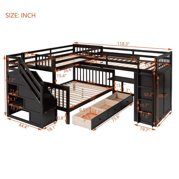 English Elm Twin-twin Over Full L-shaped Bunk Bed with Wardrobe Desk and Stair Storage Espresso LT100542AAP-1