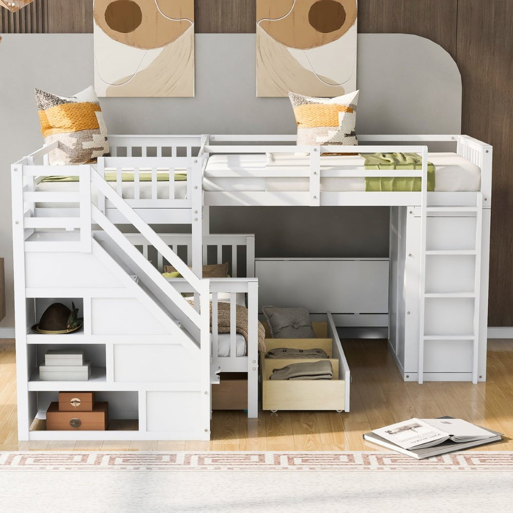 English Elm Twin-twin Over Full L-shaped Bunk Bed with Wardrobe Desk and Stair Storage Espresso White LT100542AAK-1