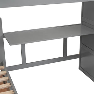 English Elm Twin-twin Over Full L-shaped Bunk Bed with Wardrobe Desk and Stair Storage Espresso Gray LT100542AAE