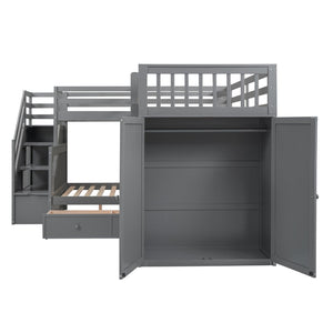 English Elm Twin-twin Over Full L-shaped Bunk Bed with Wardrobe Desk and Stair Storage Espresso Gray LT100542AAE