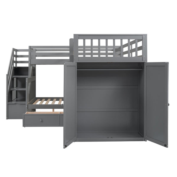 English Elm Twin-twin Over Full L-shaped Bunk Bed with Wardrobe Desk and Stair Storage Espresso Gray LT100542AAE-1